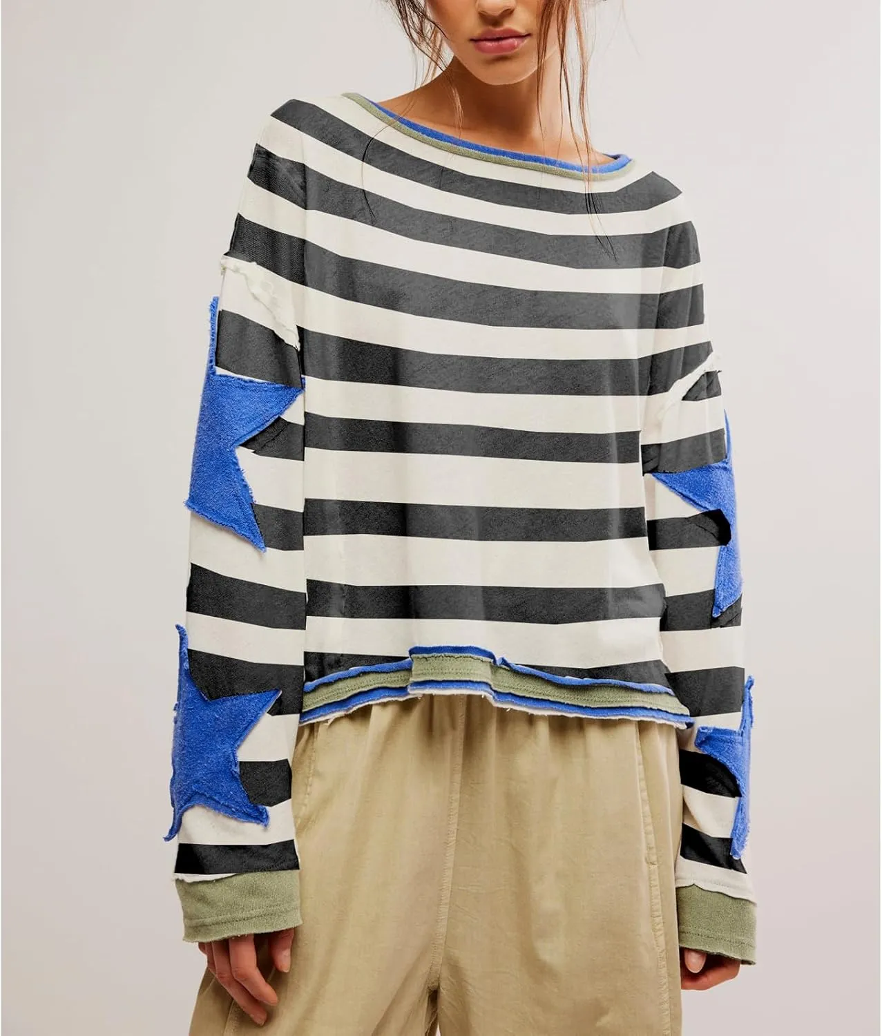 Womens Y2k Vintage Star Graphic Sweatshirts Aesthetic Harajuku Crew Neck Stripe Hoodies Top Teens Girl Streetwear