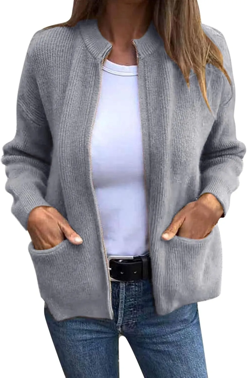 Women's Zip up Cardigan Sweaters 2024 Winter Fashion Warm Sweater with Pockets Casual Cozy Long Sleeve Outwear Coats