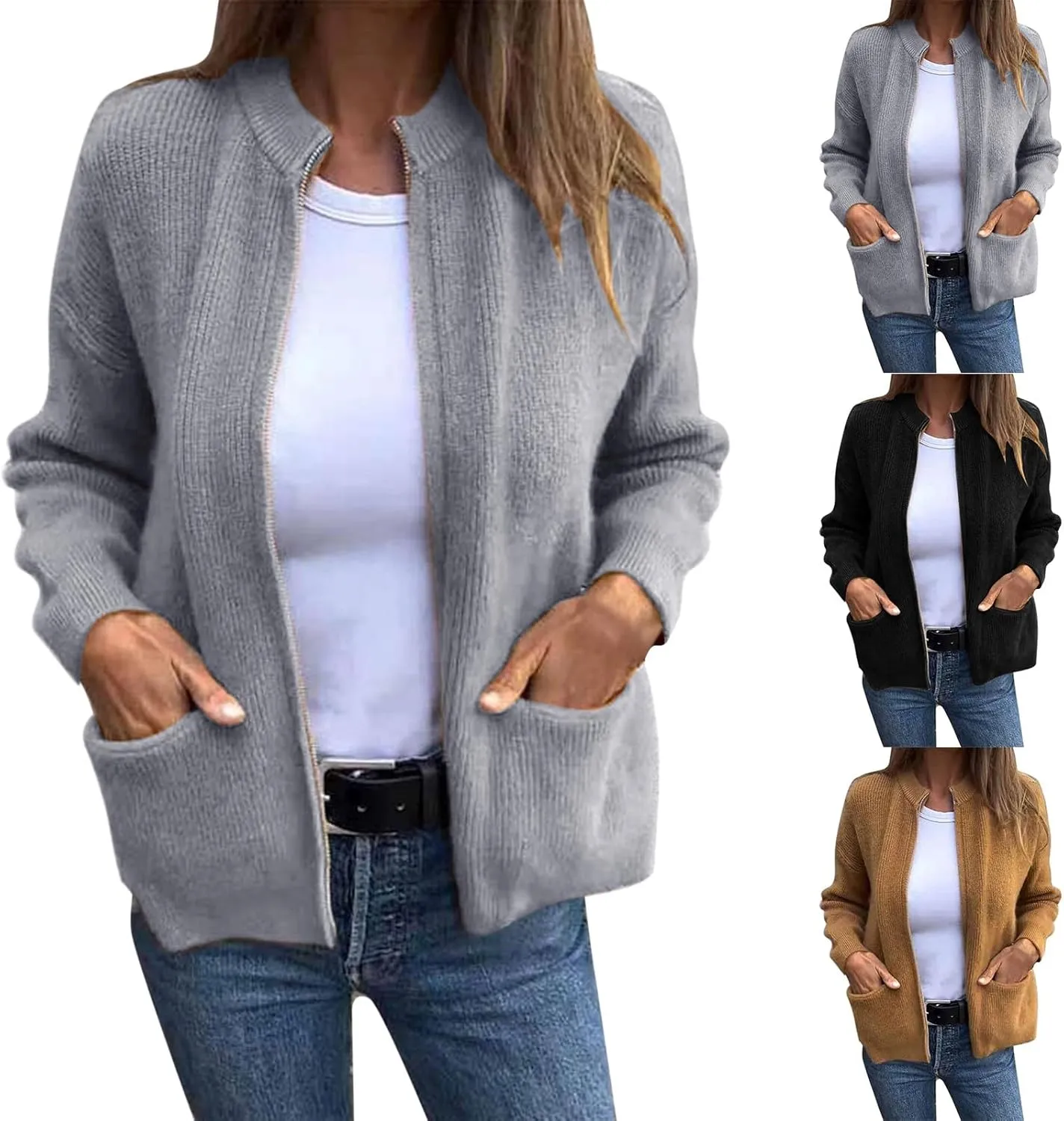 Women's Zip up Cardigan Sweaters 2024 Winter Fashion Warm Sweater with Pockets Casual Cozy Long Sleeve Outwear Coats