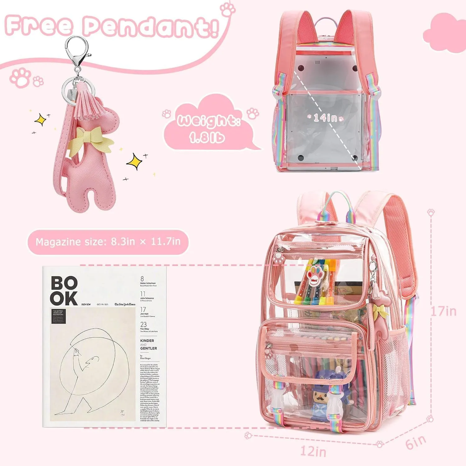 Wonder Comfort Clear Backpack Stadium Approved Heavy Duty Large Transparent Bag with Anti-Theft Pocket for School, Work, and Events
