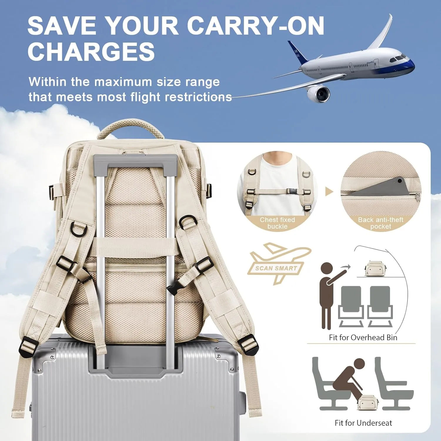 WONHOX Large Travel Backpack Carry on Flight Approved Laptop Work Business Backpack for Women Men Mochila de Viaje
