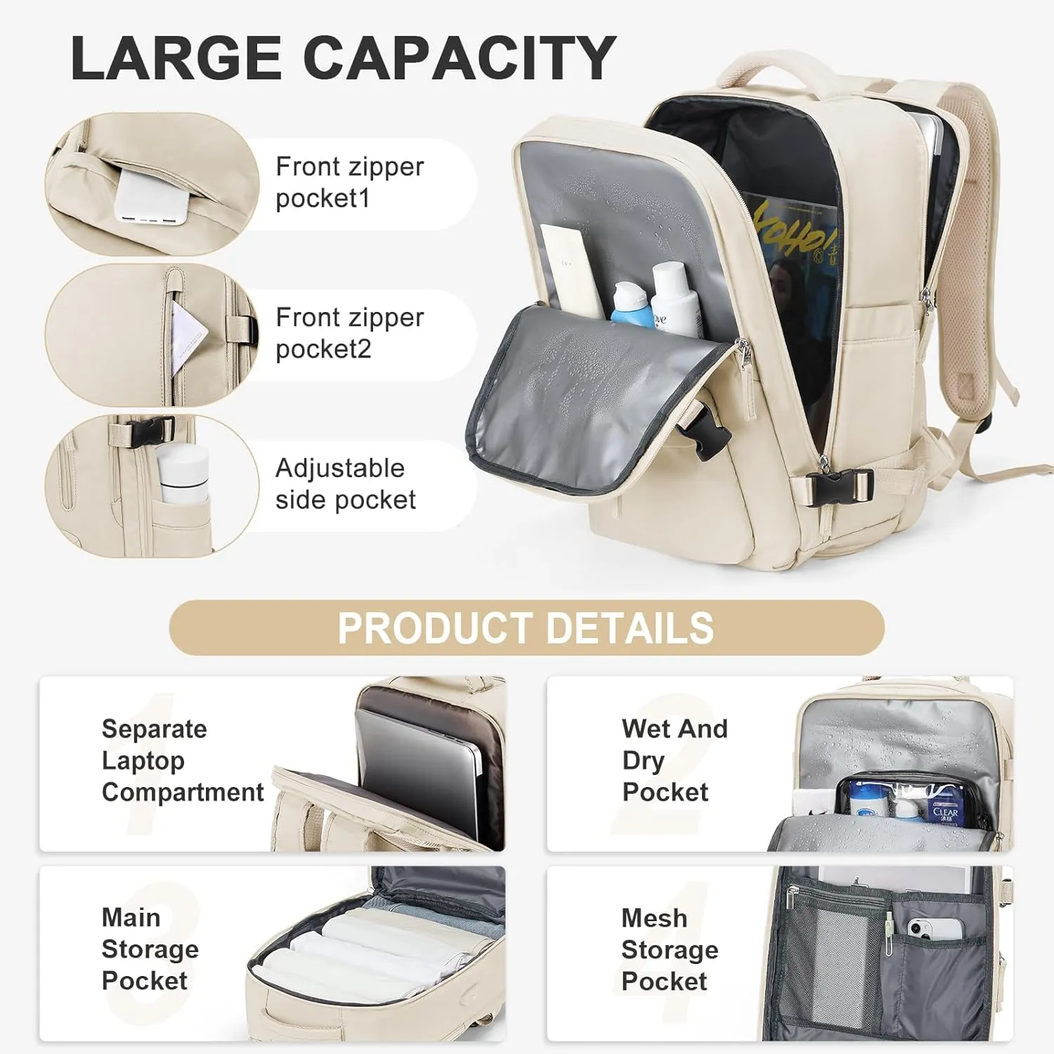 WONHOX Large Travel Backpack Carry on Flight Approved Laptop Work Business Backpack for Women Men Mochila de Viaje