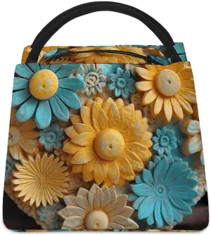Wood Carving Style Flowers Lunch Bag for Women Men Reusable Lunch Tote Bags Insulated Lunch Box Large Capacity Lunchbox Cooler Lunch Container for Work Office Picnic Travel