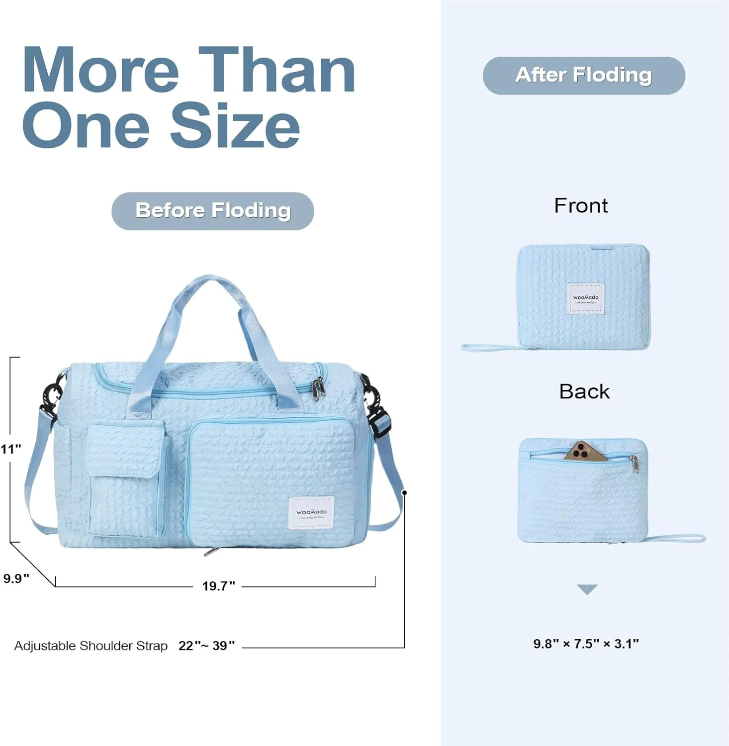 WOOMADA Foldable Travel Duffel Bag with Shoes Compartment, Overnight Bag with Wet Pocket & Trolley Sleeve, Weekender Bags for Women (blue stripe)