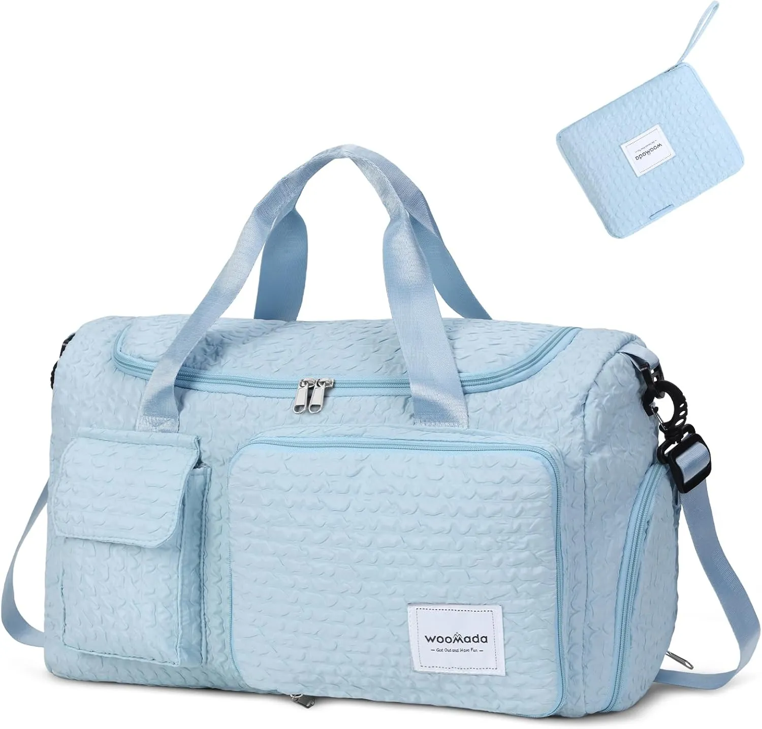 WOOMADA Foldable Travel Duffel Bag with Shoes Compartment, Overnight Bag with Wet Pocket & Trolley Sleeve, Weekender Bags for Women (blue stripe)