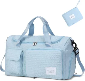 WOOMADA Foldable Travel Duffel Bag with Shoes Compartment, Overnight Bag with Wet Pocket & Trolley Sleeve, Weekender Bags for Women (blue stripe)
