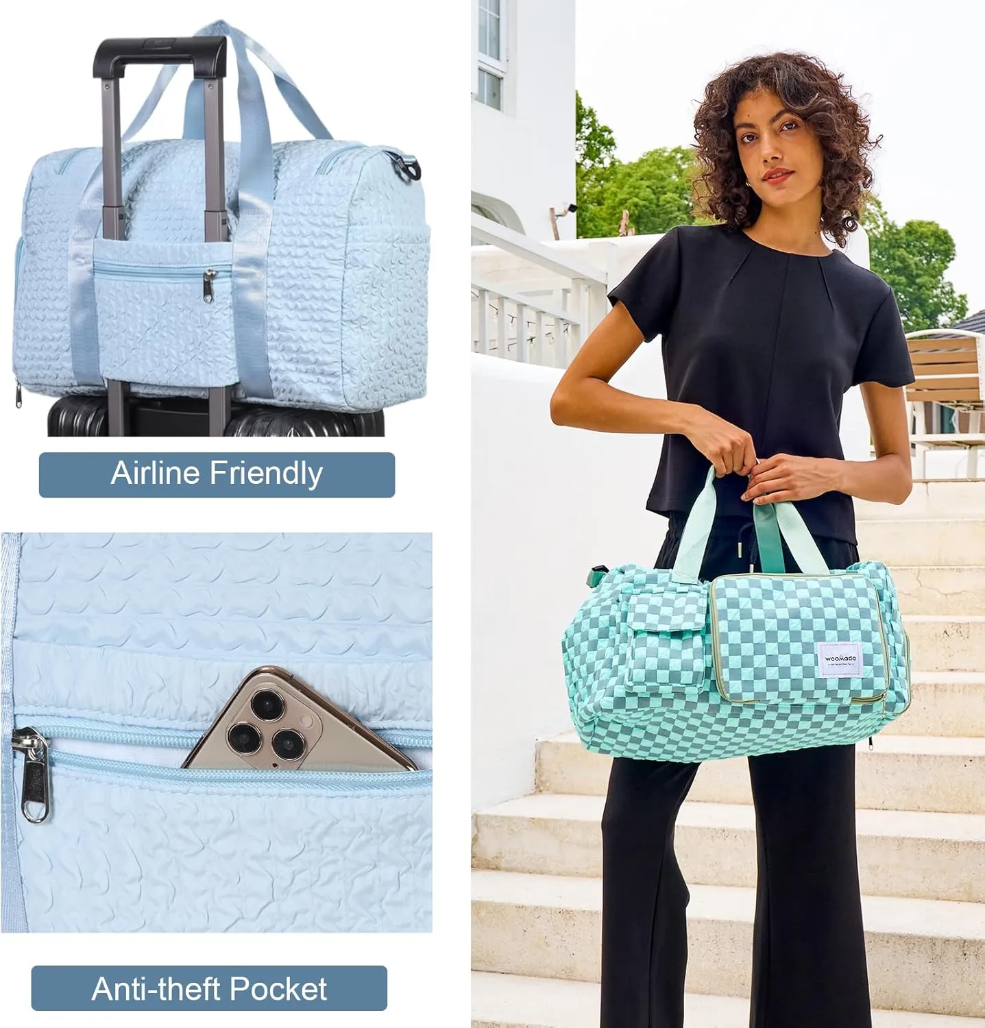 WOOMADA Foldable Travel Duffel Bag with Shoes Compartment, Overnight Bag with Wet Pocket & Trolley Sleeve, Weekender Bags for Women (blue stripe)