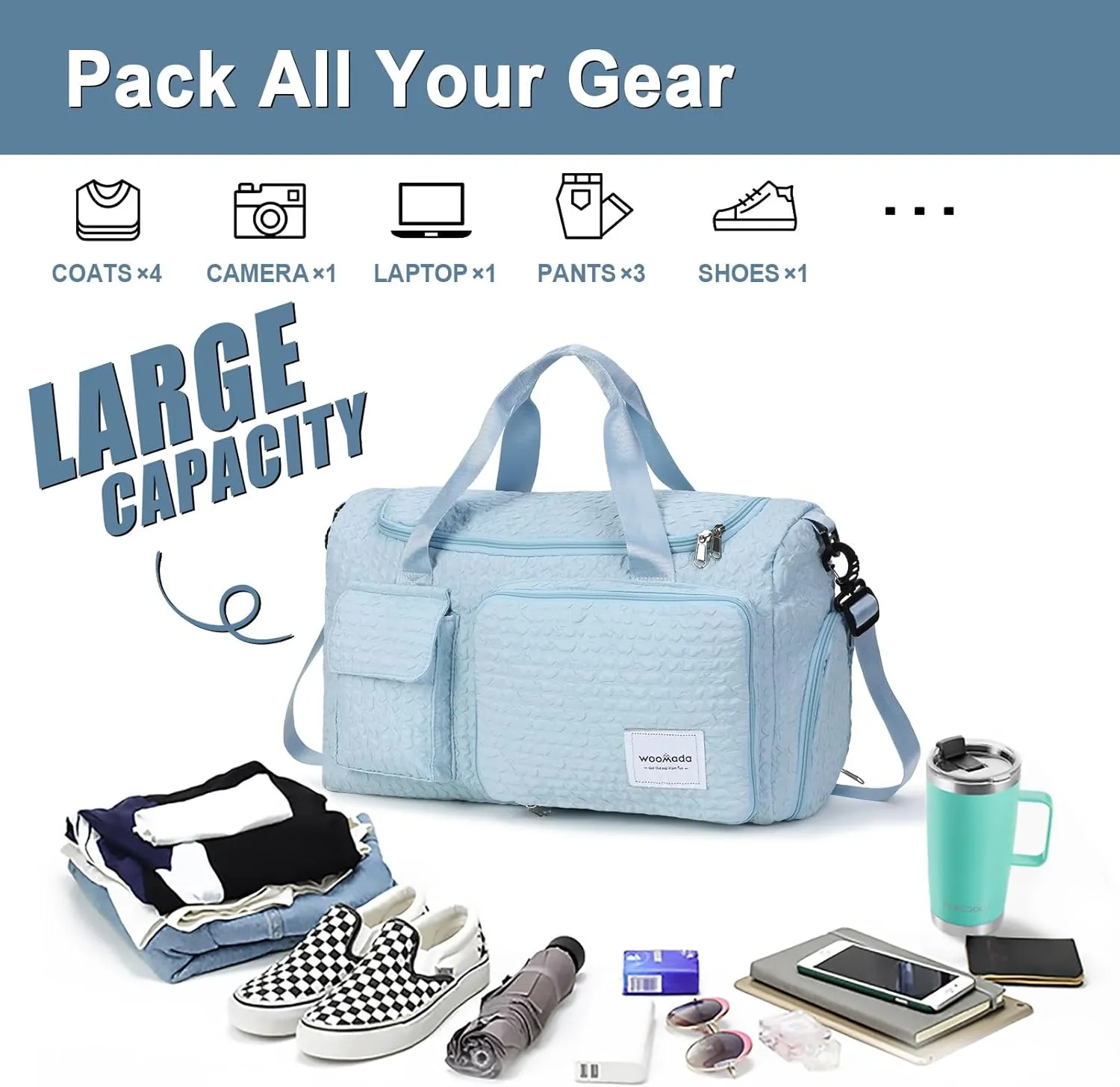 WOOMADA Foldable Travel Duffel Bag with Shoes Compartment, Overnight Bag with Wet Pocket & Trolley Sleeve, Weekender Bags for Women (blue stripe)