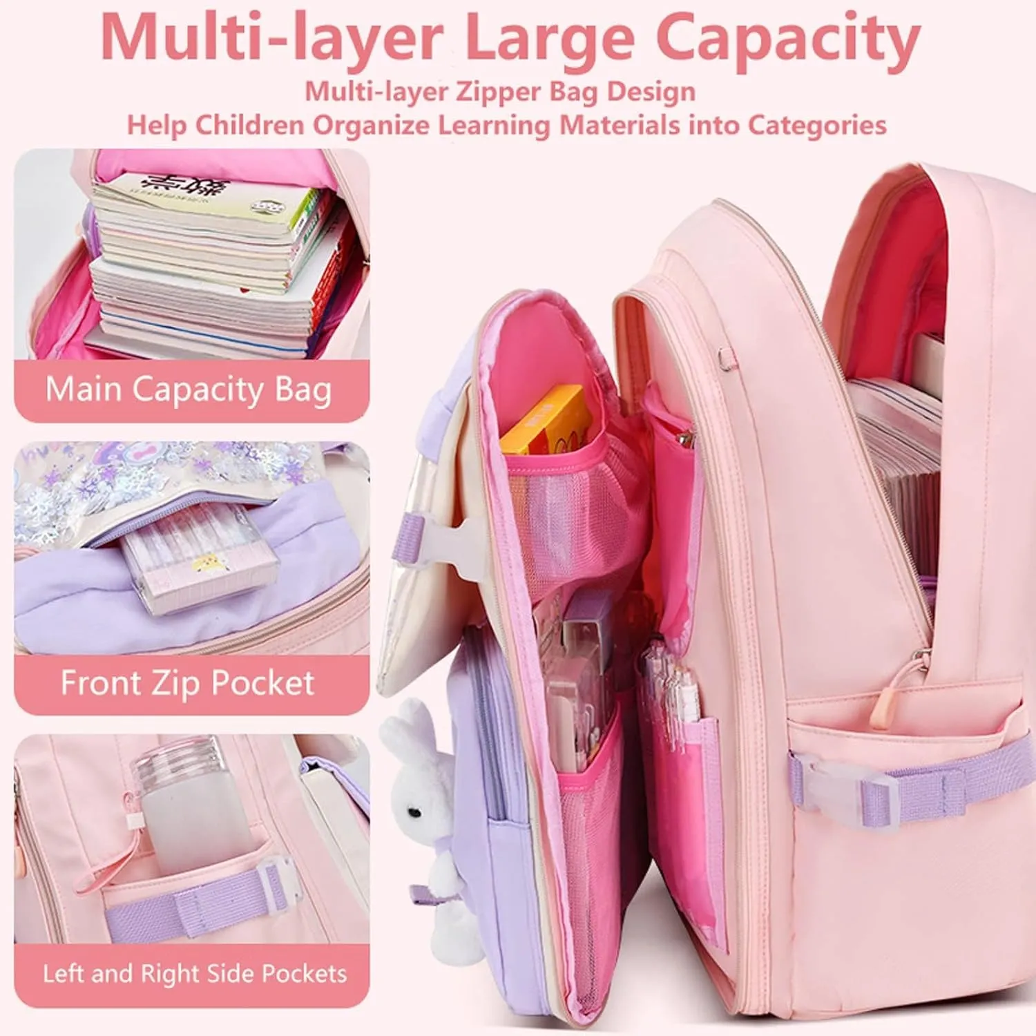 WYCY Backpack for Girls Backpack Cute Quicksand Refrigerator Door School Bag Large Capacity Kawaii Bunny School Backpack (Pink)