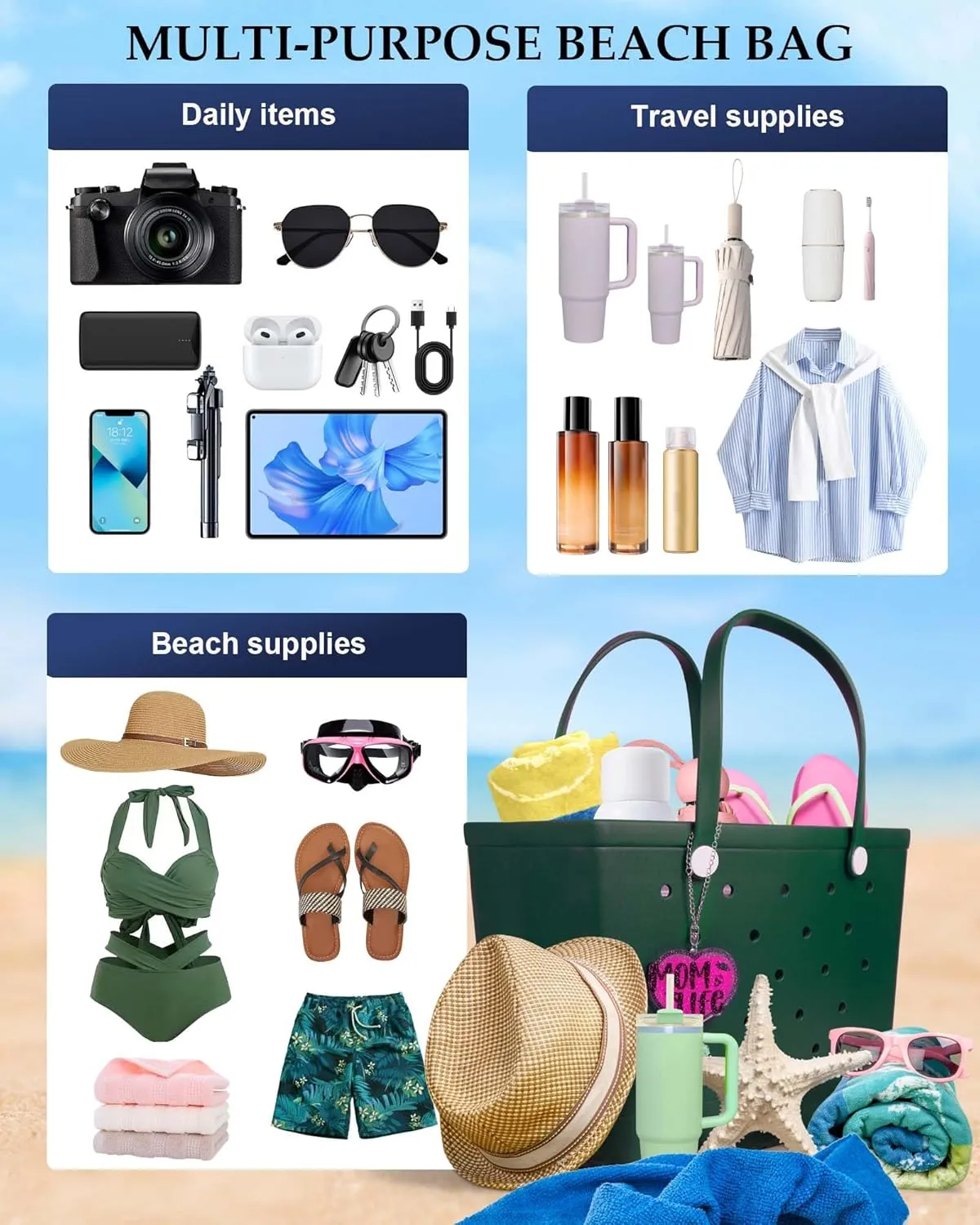 X-Large Beach Rubber Tote Bag with Charms, Women Waterproof Original Handbag for Outdoor Modern Travel Sports