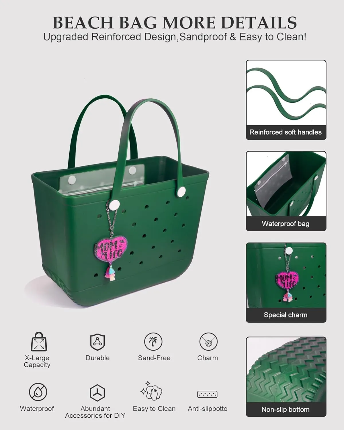 X-Large Beach Rubber Tote Bag with Charms, Women Waterproof Original Handbag for Outdoor Modern Travel Sports