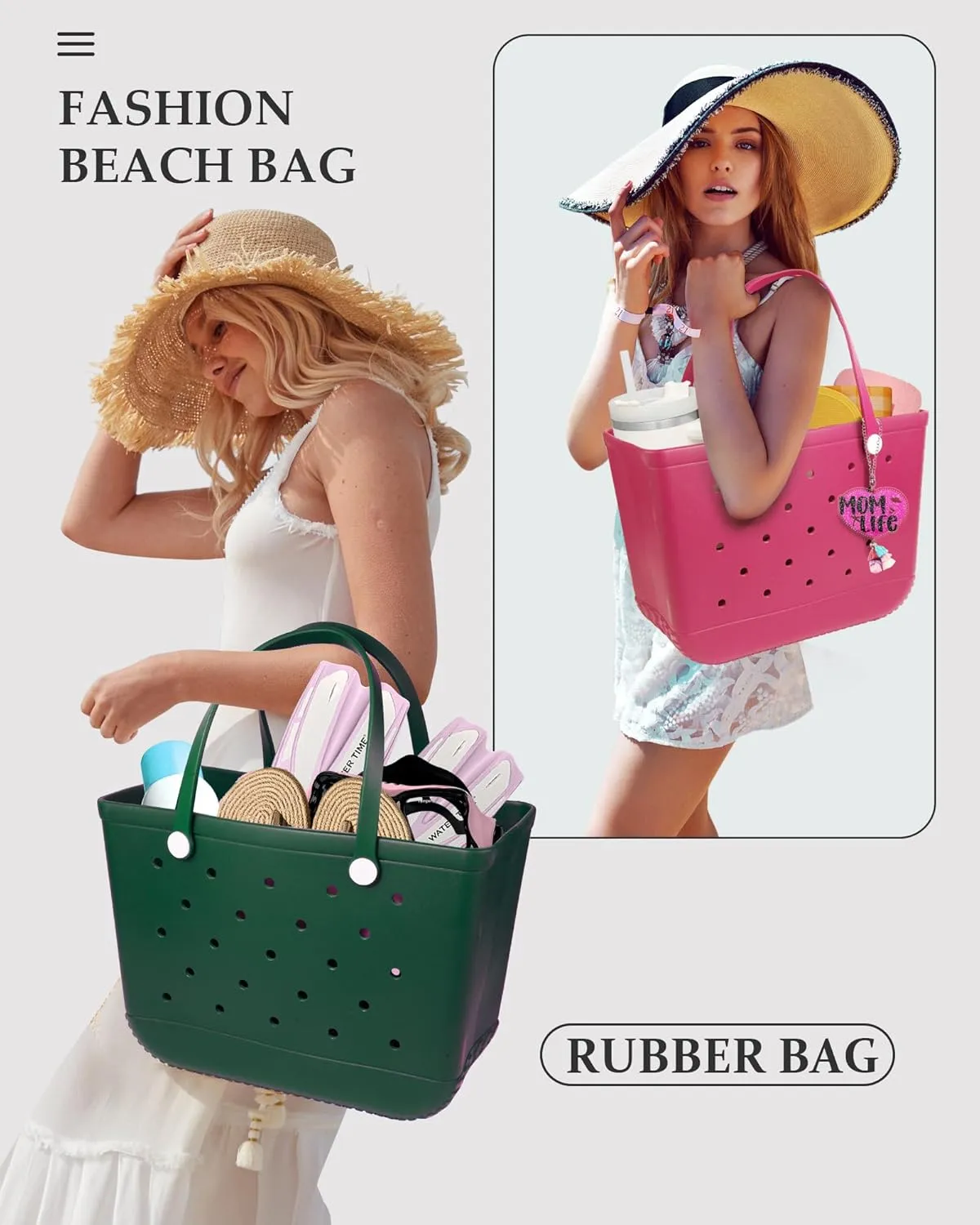X-Large Beach Rubber Tote Bag with Charms, Women Waterproof Original Handbag for Outdoor Modern Travel Sports