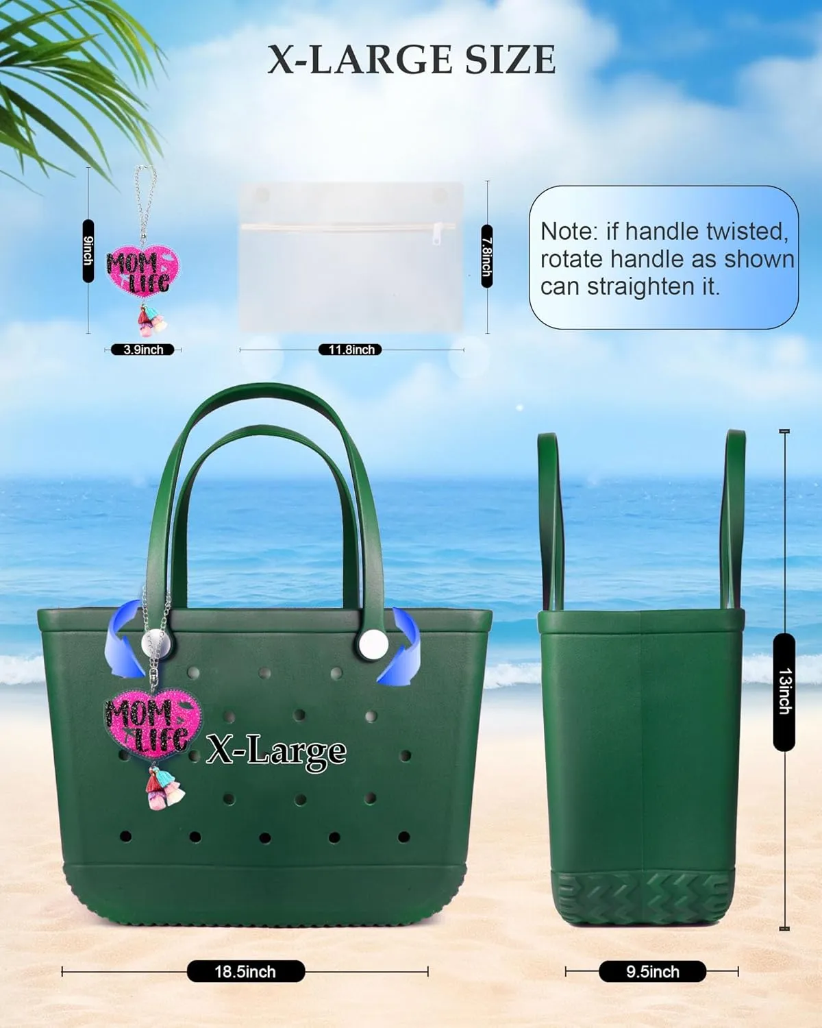 X-Large Beach Rubber Tote Bag with Charms, Women Waterproof Original Handbag for Outdoor Modern Travel Sports