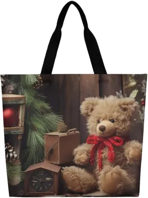 Xmas Tree Branch Bear Doll Tote Bag Large Women Casual Shoulder Bag Reusable Grocery Bag Fasion Handbag for Office Shopping Travel