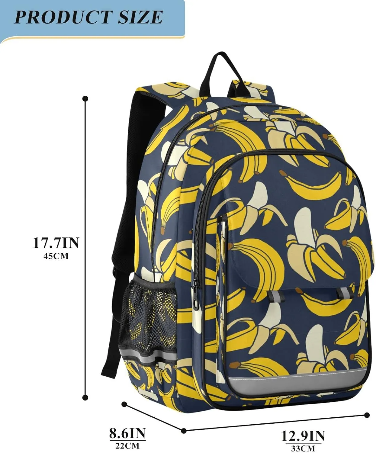 Yellow Fruit Tropical Banana Backpack School Bag Lightweight Laptop Backpack Student Travel Daypack with Reflective Stripes