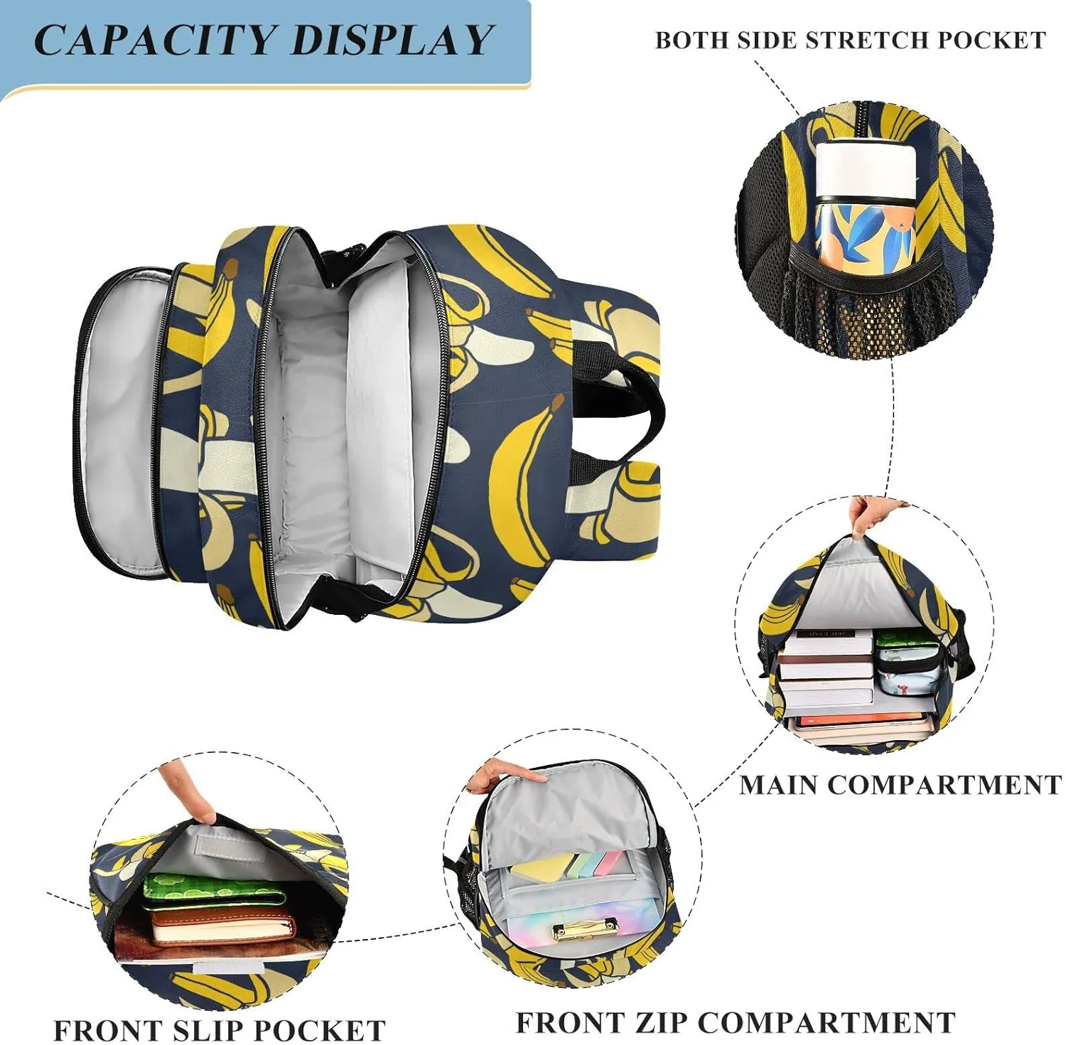 Yellow Fruit Tropical Banana Backpack School Bag Lightweight Laptop Backpack Student Travel Daypack with Reflective Stripes