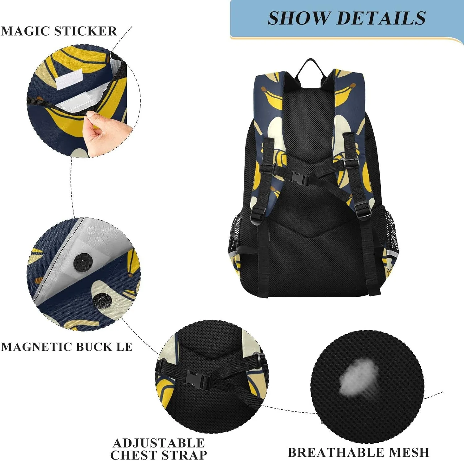 Yellow Fruit Tropical Banana Backpack School Bag Lightweight Laptop Backpack Student Travel Daypack with Reflective Stripes