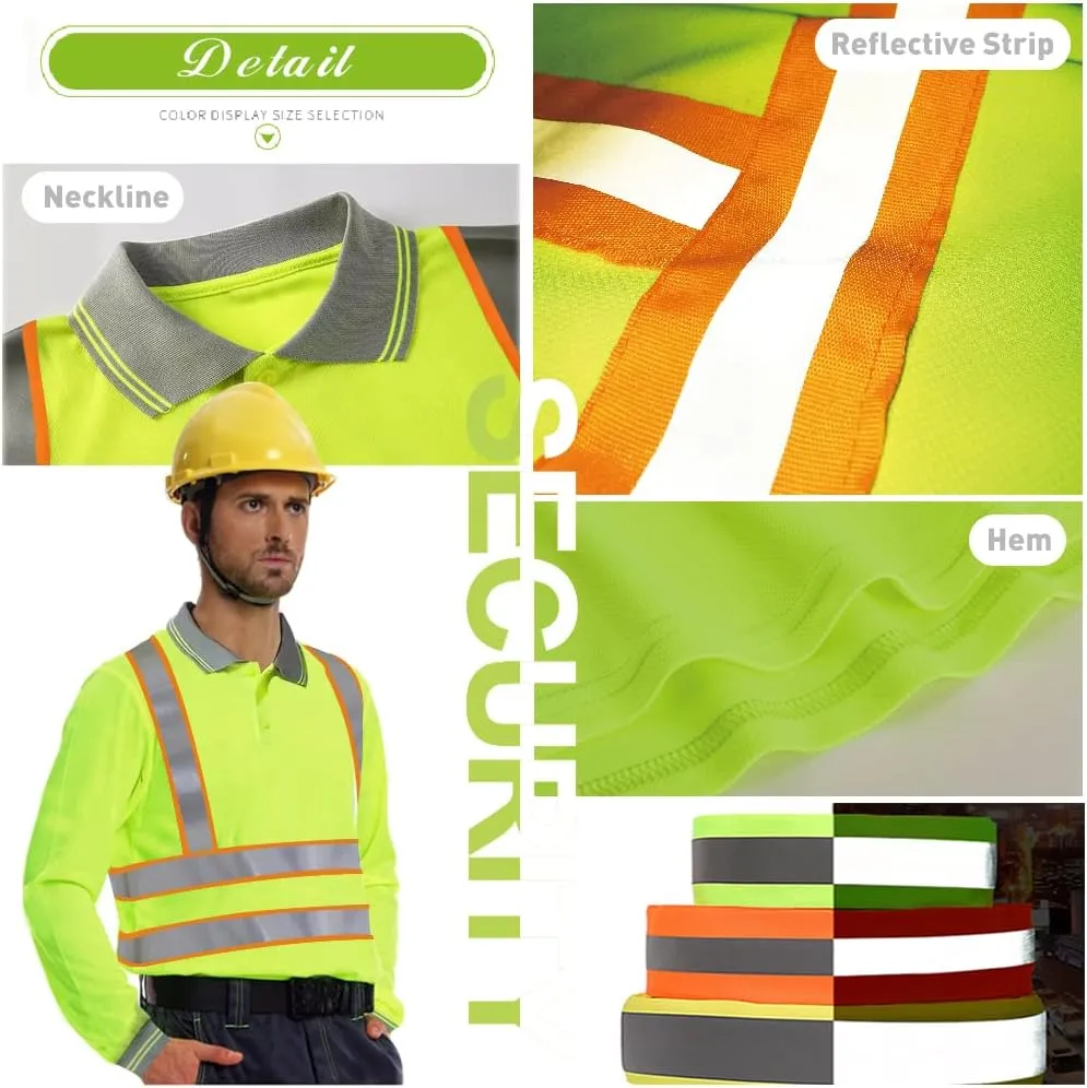 YOWESHOP Hi-Vis Safety T-Shirt Add Your Design Long Sleeve Workout Polo Shirts with Reflective Strips