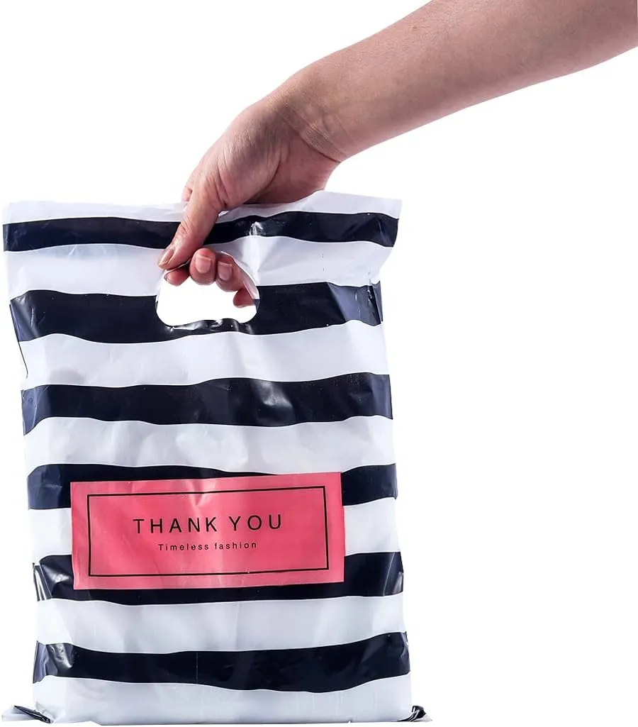 ysmile 100 ct Thank You Merchandise Bag, Plastic Shopping Bag Die Cut with Handle, Goods Retail, Gift Package, for Small Business 11.8"x15.8"