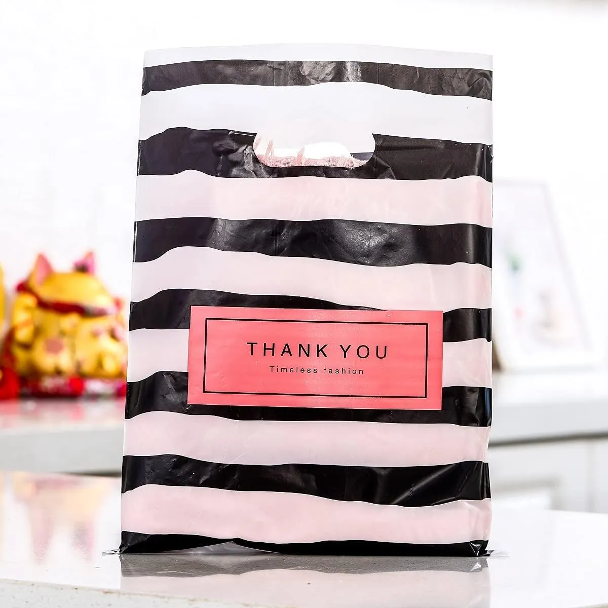 ysmile 100 ct Thank You Merchandise Bag, Plastic Shopping Bag Die Cut with Handle, Goods Retail, Gift Package, for Small Business 11.8"x15.8"