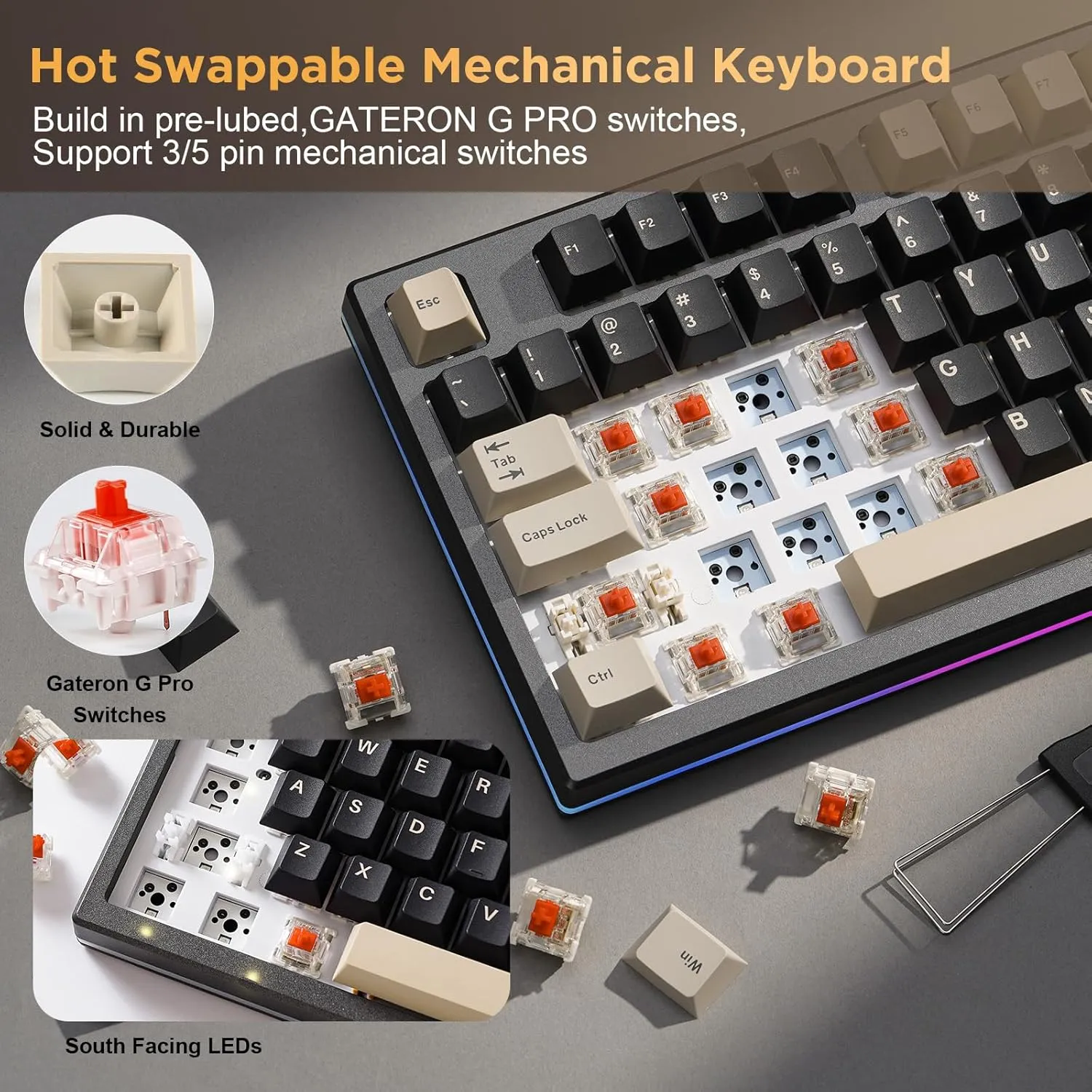 YUNZII YZ75 75% Hot Swappable Wireless Gaming Mechanical Keyboard, RGB Backlights, BT5.0/2.4G/USB-C, Dye Sub PBT Keycaps for Linux/Win/Mac(Gateron G Pro Black, Black)