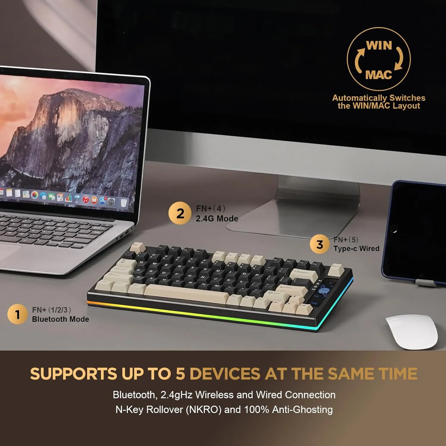 YUNZII YZ75 75% Hot Swappable Wireless Gaming Mechanical Keyboard, RGB Backlights, BT5.0/2.4G/USB-C, Dye Sub PBT Keycaps for Linux/Win/Mac(Gateron G Pro Black, Black)