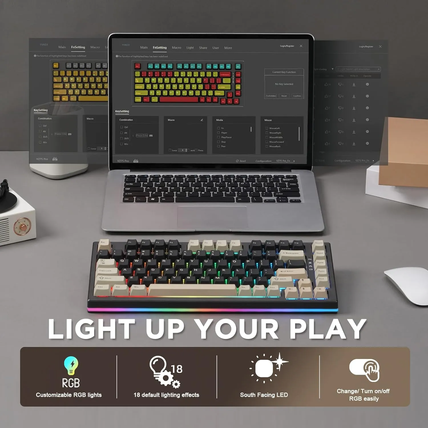 YUNZII YZ75 75% Hot Swappable Wireless Gaming Mechanical Keyboard, RGB Backlights, BT5.0/2.4G/USB-C, Dye Sub PBT Keycaps for Linux/Win/Mac(Gateron G Pro Black, Black)