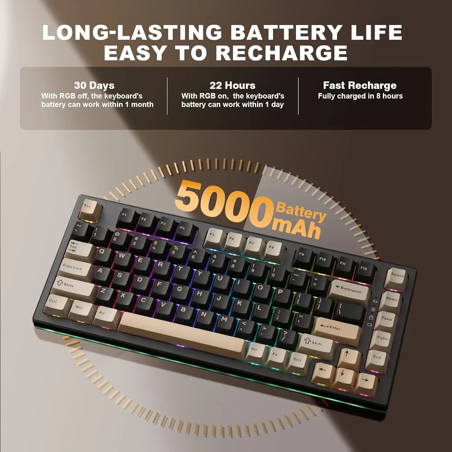 YUNZII YZ75 75% Hot Swappable Wireless Gaming Mechanical Keyboard, RGB Backlights, BT5.0/2.4G/USB-C, Dye Sub PBT Keycaps for Linux/Win/Mac(Gateron G Pro Black, Black)