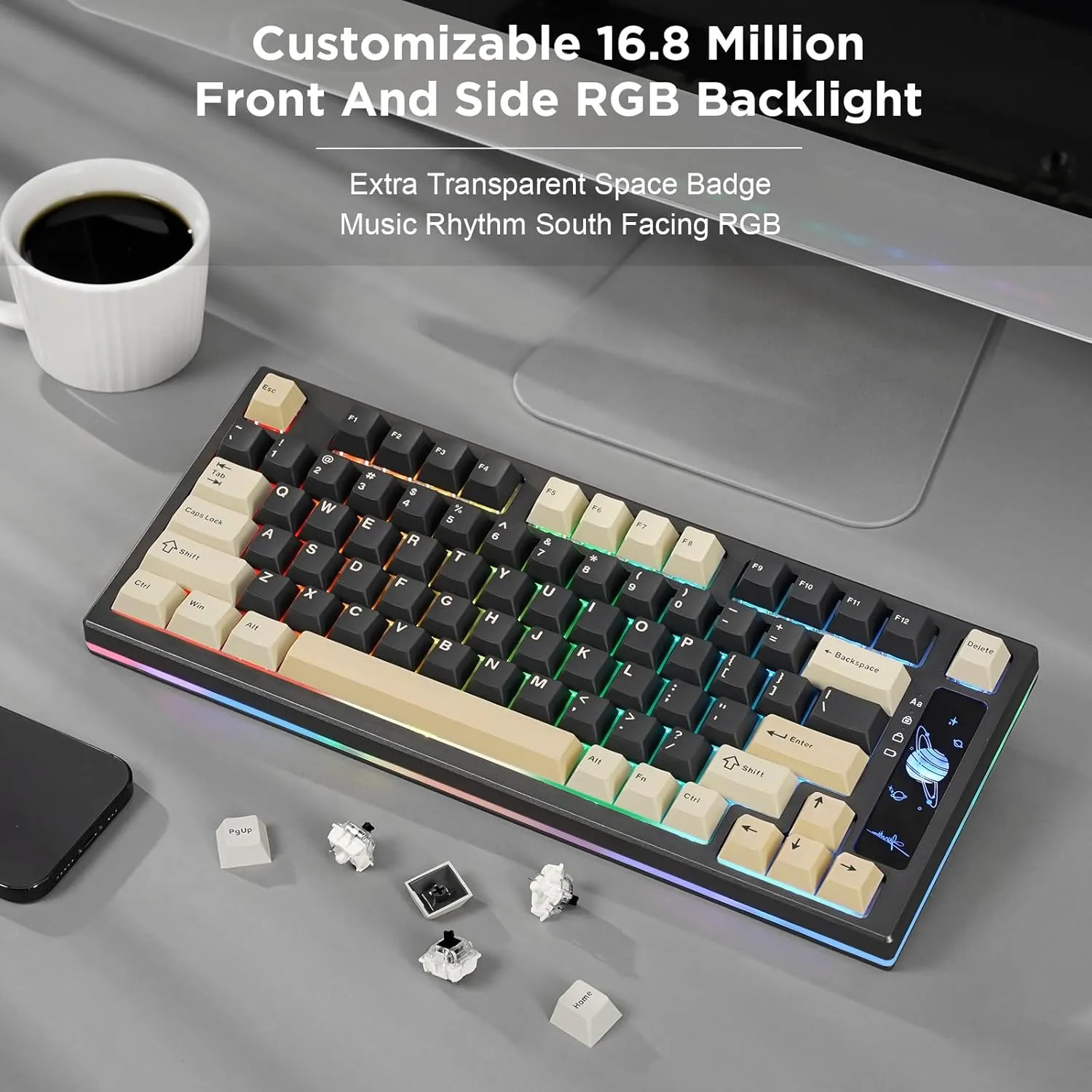 YUNZII YZ75 75% Hot Swappable Wireless Gaming Mechanical Keyboard, RGB Backlights, BT5.0/2.4G/USB-C, Dye Sub PBT Keycaps for Linux/Win/Mac(Gateron G Pro Black, Black)