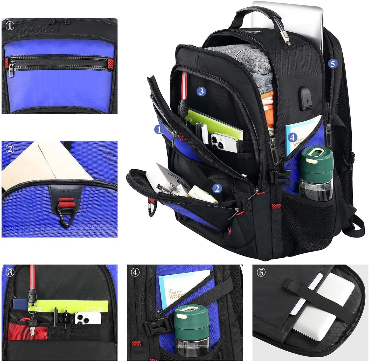 Z-MGKISS Extra Large Backpack, Travel Laptop Bag for Men, Anti-Theft College Backpack with USB Port, TSA-Approved 17.3 Inch, Heavy Duty Business Weekender Bag, Blue