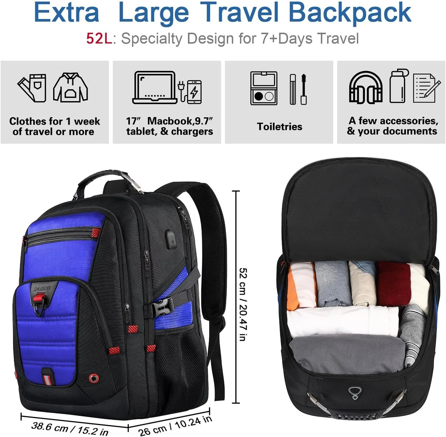 Z-MGKISS Extra Large Backpack, Travel Laptop Bag for Men, Anti-Theft College Backpack with USB Port, TSA-Approved 17.3 Inch, Heavy Duty Business Weekender Bag, Blue
