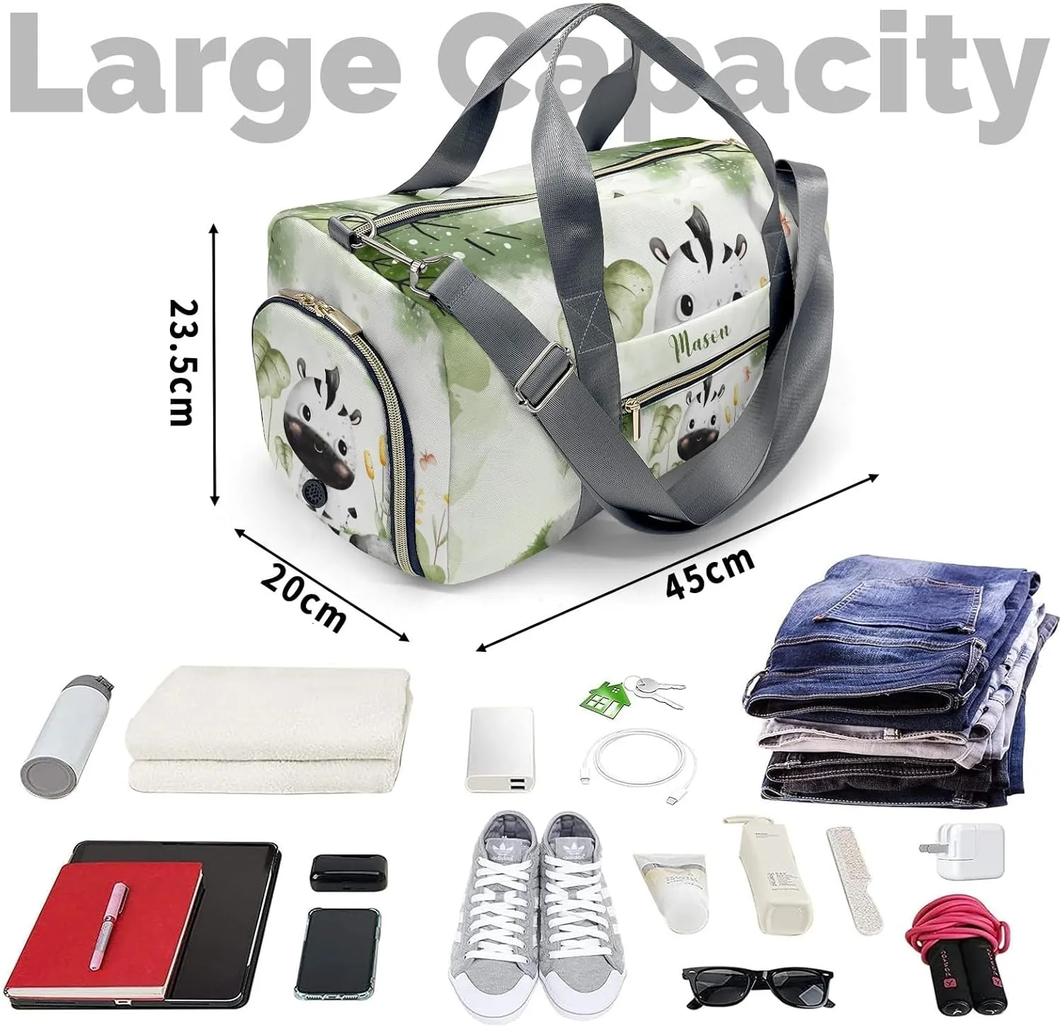 Zebra Jungle Animal Leaves Green Personalized Duffel Bag,Custom Travel Gym Bag with Name,Waterproof Sports Overnight Bag with Shoe Compartment & Shoulder Strap