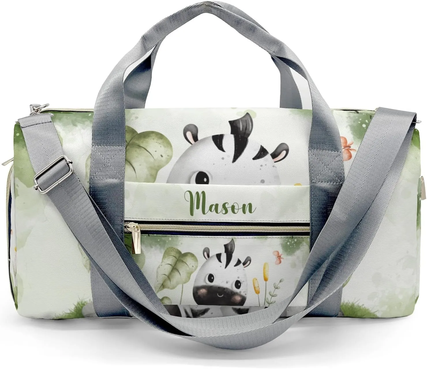 Zebra Jungle Animal Leaves Green Personalized Duffel Bag,Custom Travel Gym Bag with Name,Waterproof Sports Overnight Bag with Shoe Compartment & Shoulder Strap