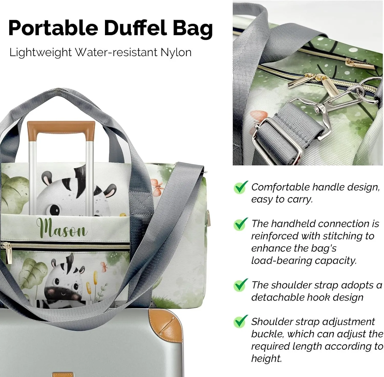 Zebra Jungle Animal Leaves Green Personalized Duffel Bag,Custom Travel Gym Bag with Name,Waterproof Sports Overnight Bag with Shoe Compartment & Shoulder Strap