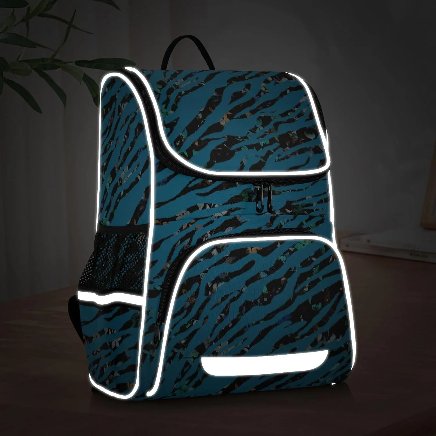 Zebra Print Backpack for Girls Boys 16.14 Inches Large Capacity School Bag Blue Student Bookbag with Side Pocket, Night Reflective Strip Student School Bag