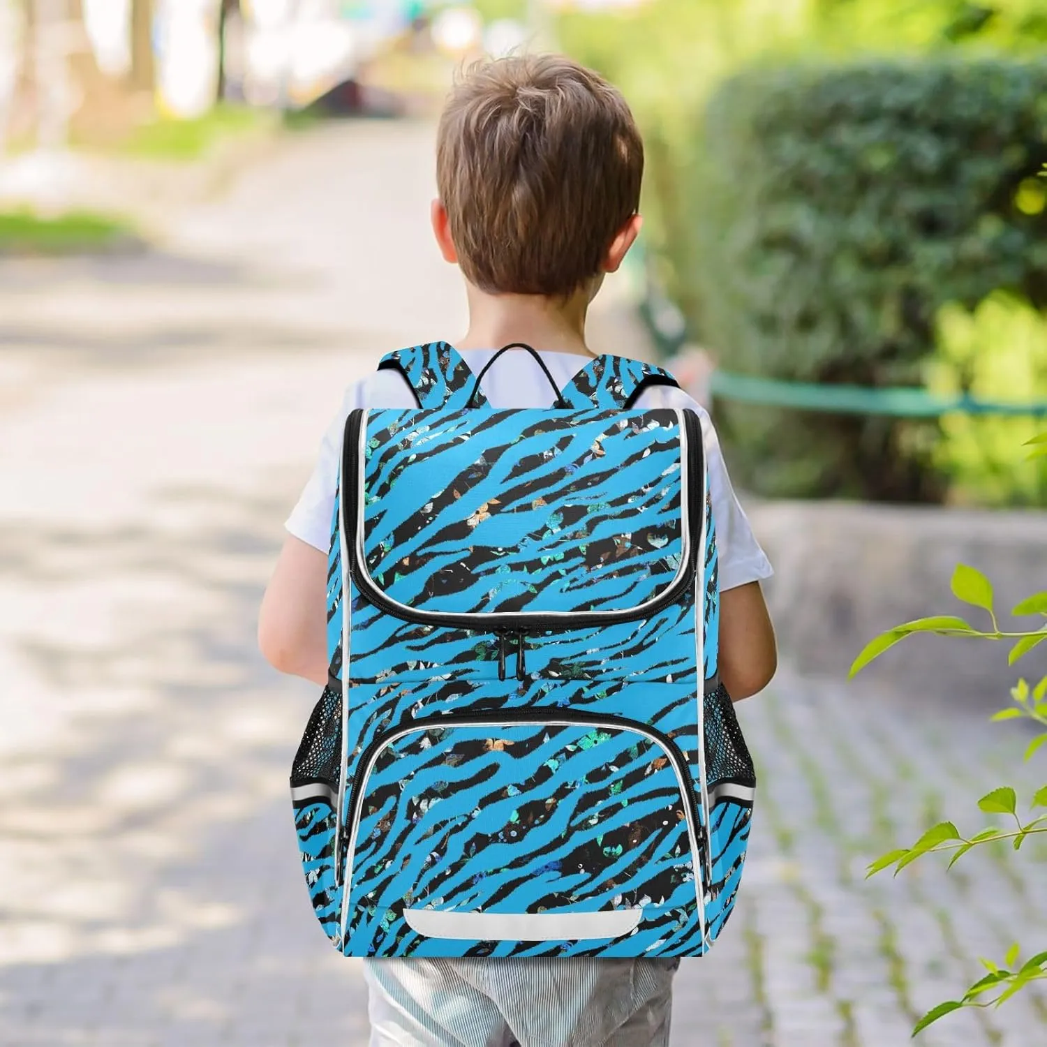 Zebra Print Backpack for Girls Boys 16.14 Inches Large Capacity School Bag Blue Student Bookbag with Side Pocket, Night Reflective Strip Student School Bag