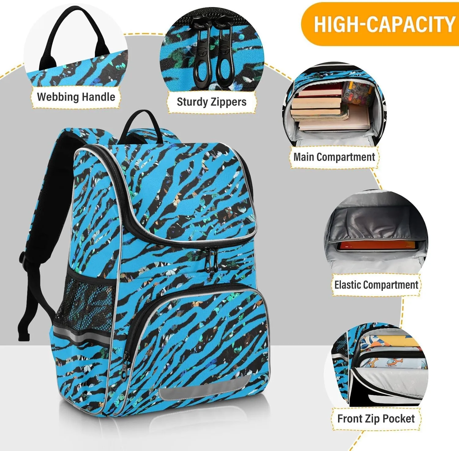 Zebra Print Backpack for Girls Boys 16.14 Inches Large Capacity School Bag Blue Student Bookbag with Side Pocket, Night Reflective Strip Student School Bag