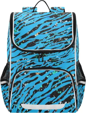 Zebra Print Backpack for Girls Boys 16.14 Inches Large Capacity School Bag Blue Student Bookbag with Side Pocket, Night Reflective Strip Student School Bag
