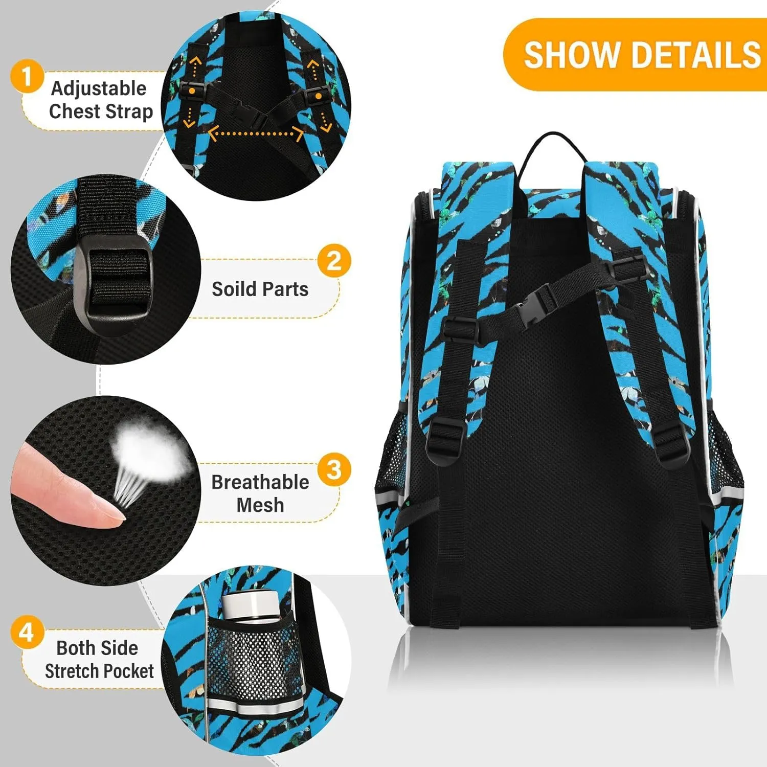 Zebra Print Backpack for Girls Boys 16.14 Inches Large Capacity School Bag Blue Student Bookbag with Side Pocket, Night Reflective Strip Student School Bag