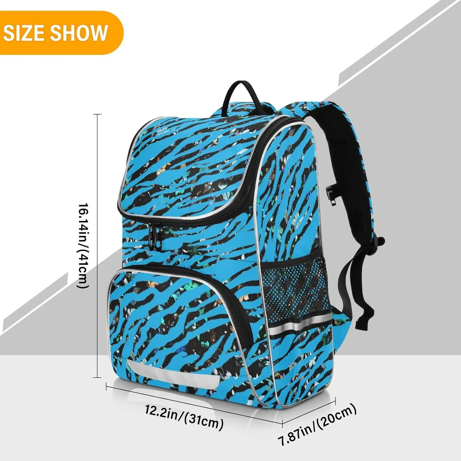 Zebra Print Backpack for Girls Boys 16.14 Inches Large Capacity School Bag Blue Student Bookbag with Side Pocket, Night Reflective Strip Student School Bag