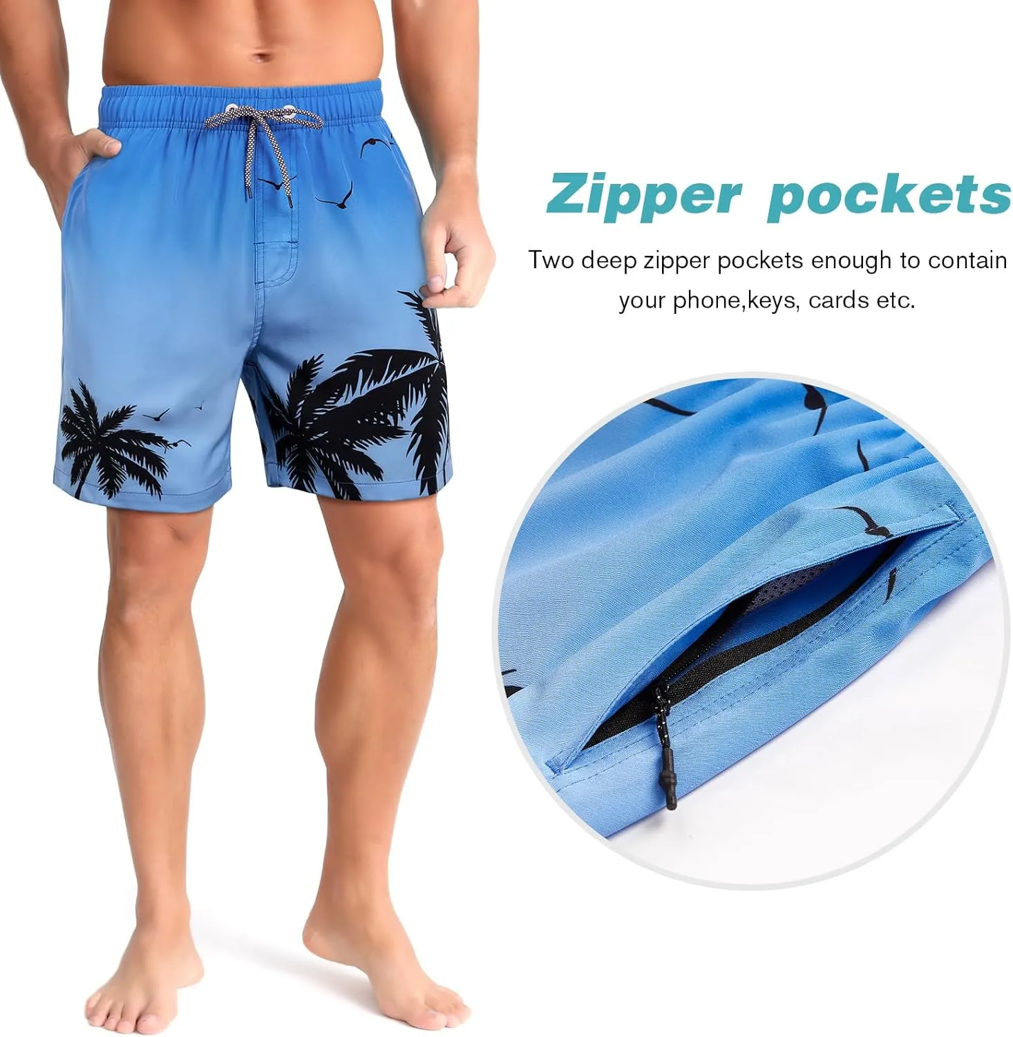 zeetoo Mens Swim Trunks with Compression Liner 5" Inseam Quick Dry Beach Shorts with Zipper Pockets