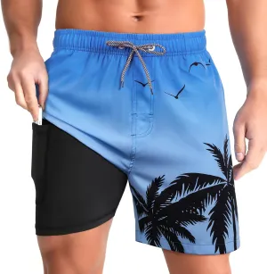 zeetoo Mens Swim Trunks with Compression Liner 5" Inseam Quick Dry Beach Shorts with Zipper Pockets