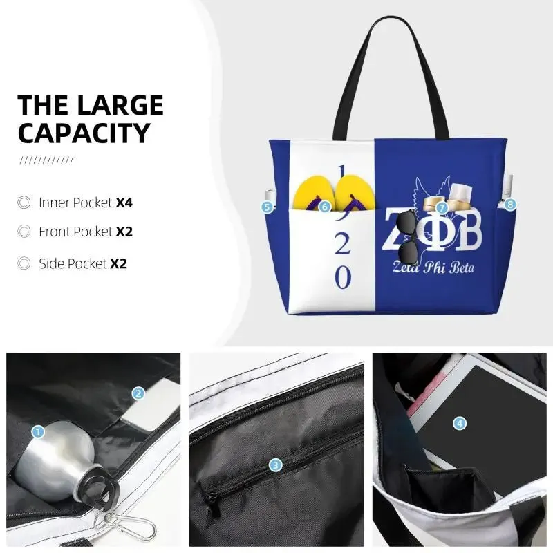 Zeta Phi Beta Sandproof Waterproof Beach Tote with Pockets