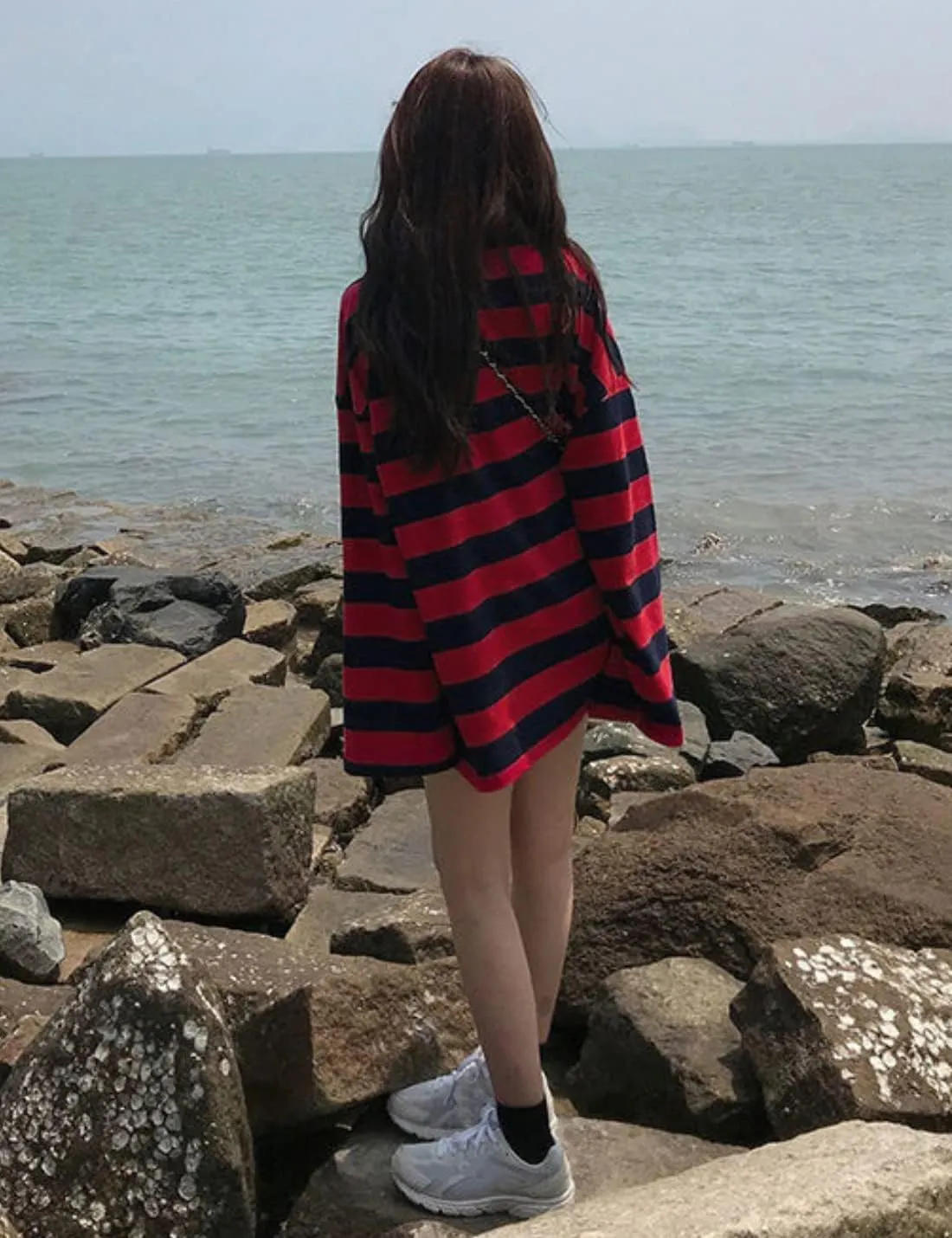 Zhiyouni Womens Stripe Shirt Oversized Casual Loose Long Sleeves Pullovers Couples Shirts Sweatshirt