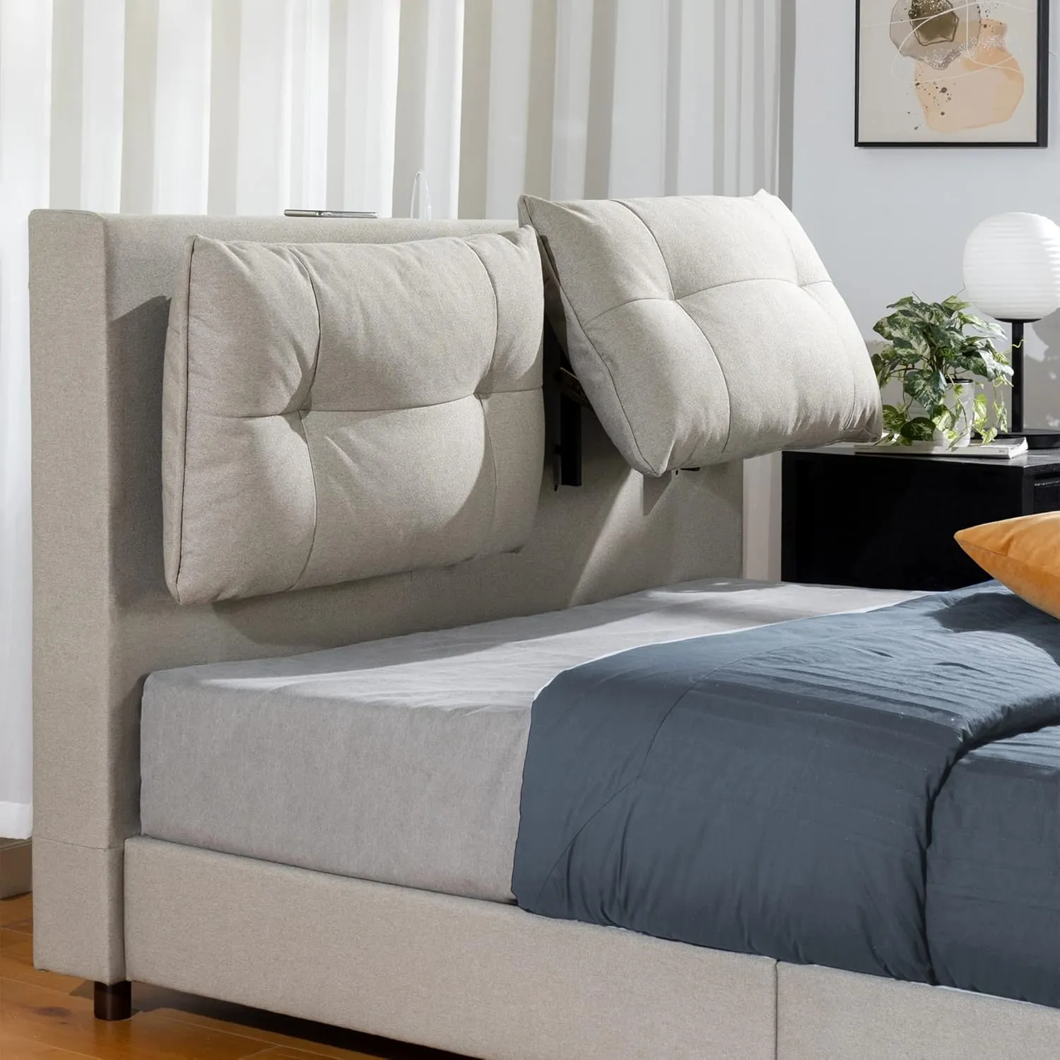 ZINUS Avery Platform Bed with Reclining Headboard and USB Ports, No Box Spring Needed, Cushioned Adjustable Headboard with Customizable Height, Easy Assembly, Beige, King