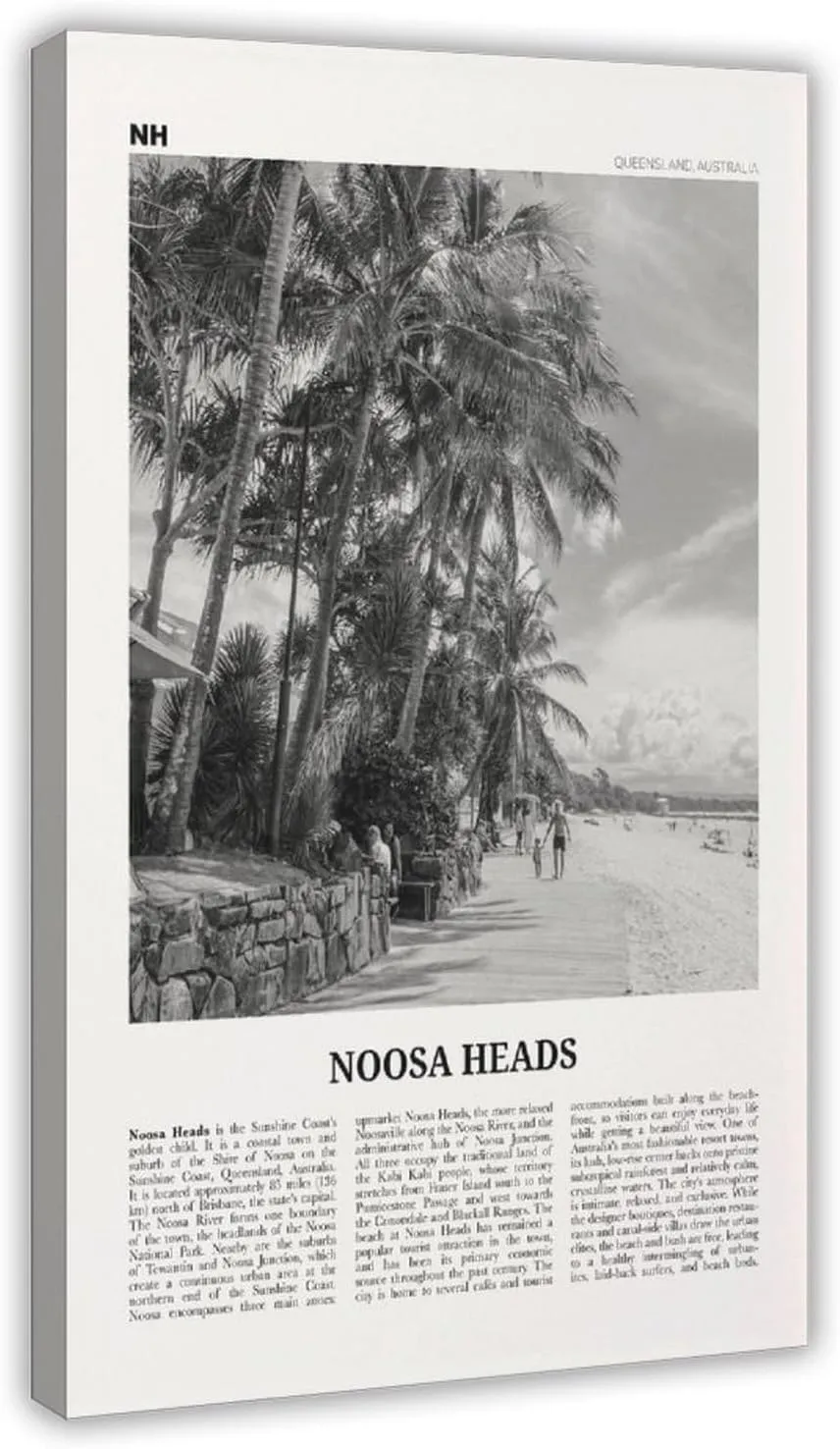 ZMLWMY Noosa Heads Black And White Beach, Sunshine Coast, Queensland, Australia, Oceania Retro City Map Travel Landscape Poster for Room Aesthetics Canvas Wall Art And Print 24x36inch(60x90cm)