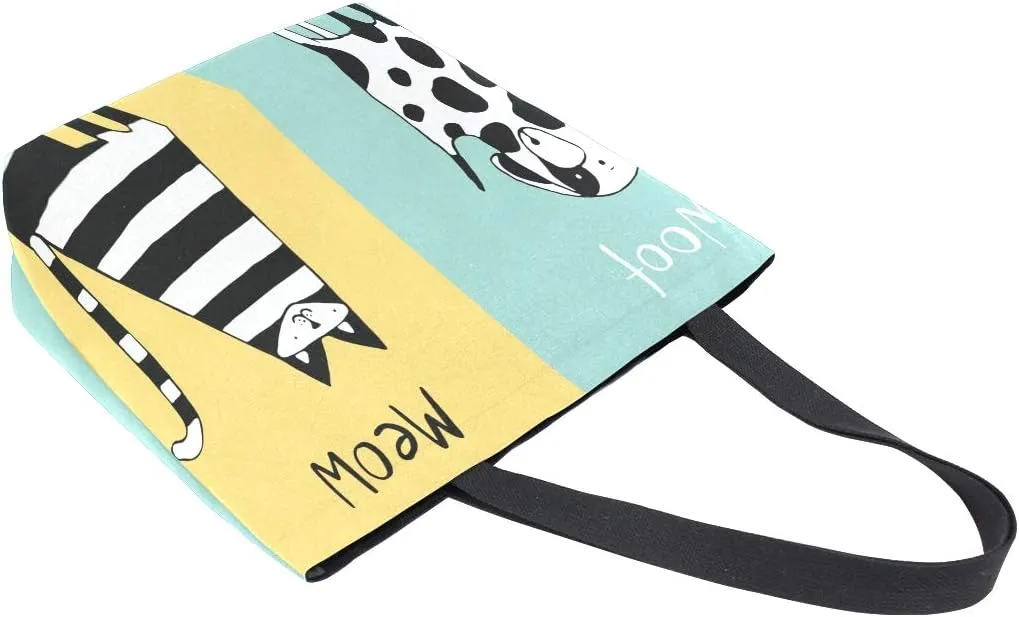 ZZXXB Cat Meow Dog Woof Reusable Grocery Shopping Bag Heavy Duty Canvas Tote Bag Large Collapsible Washable Handbag Shoulder for Women