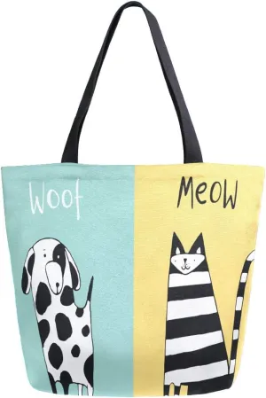 ZZXXB Cat Meow Dog Woof Reusable Grocery Shopping Bag Heavy Duty Canvas Tote Bag Large Collapsible Washable Handbag Shoulder for Women