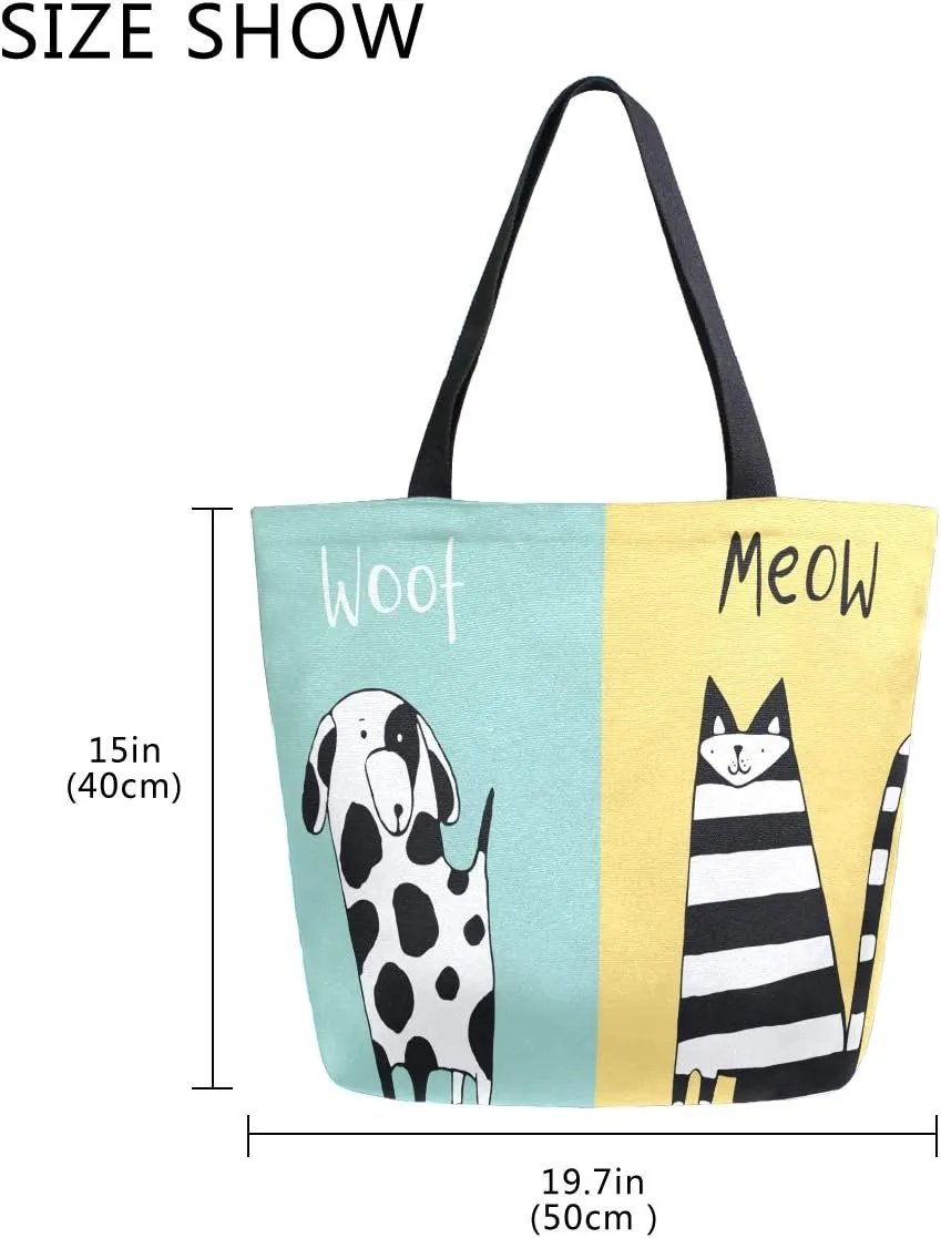 ZZXXB Cat Meow Dog Woof Reusable Grocery Shopping Bag Heavy Duty Canvas Tote Bag Large Collapsible Washable Handbag Shoulder for Women