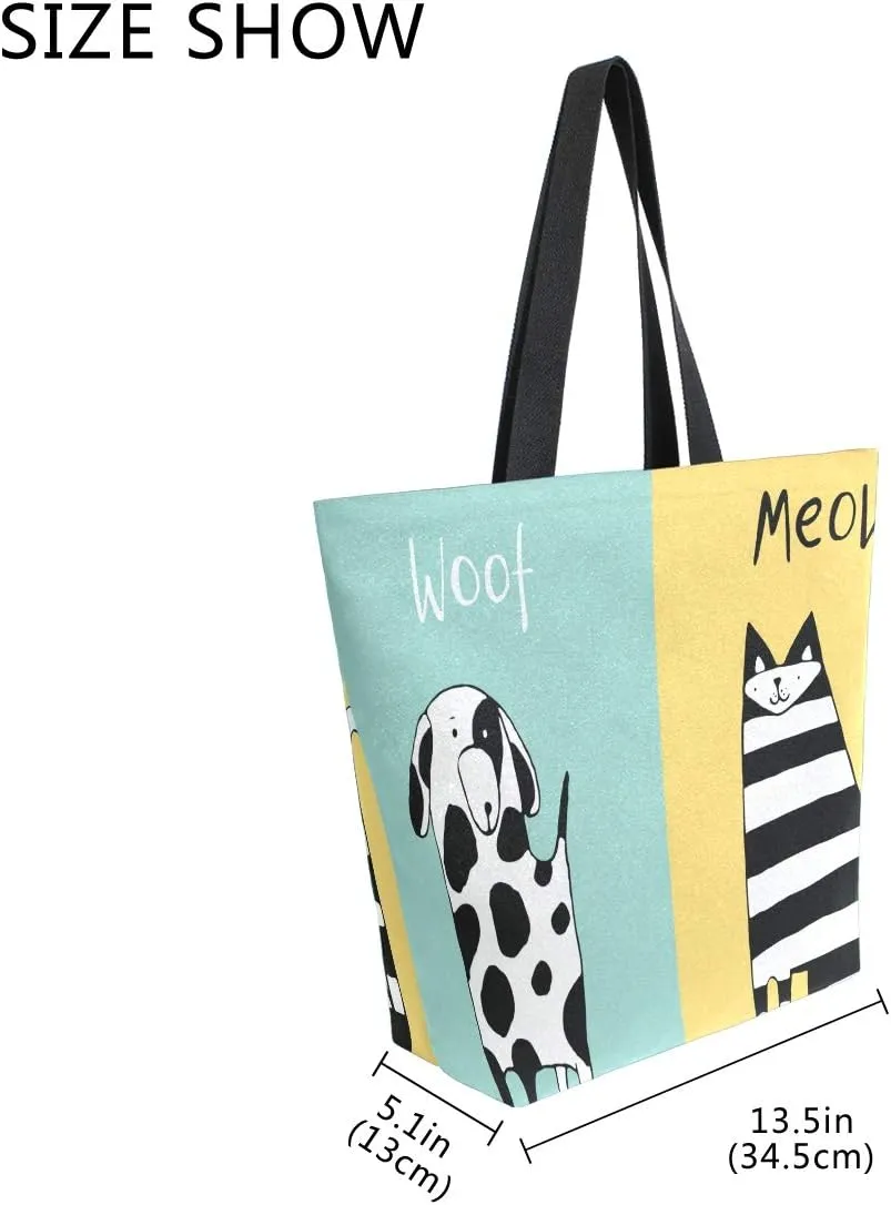ZZXXB Cat Meow Dog Woof Reusable Grocery Shopping Bag Heavy Duty Canvas Tote Bag Large Collapsible Washable Handbag Shoulder for Women